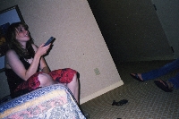 Jill watching the Pistons game in our Handicapped room